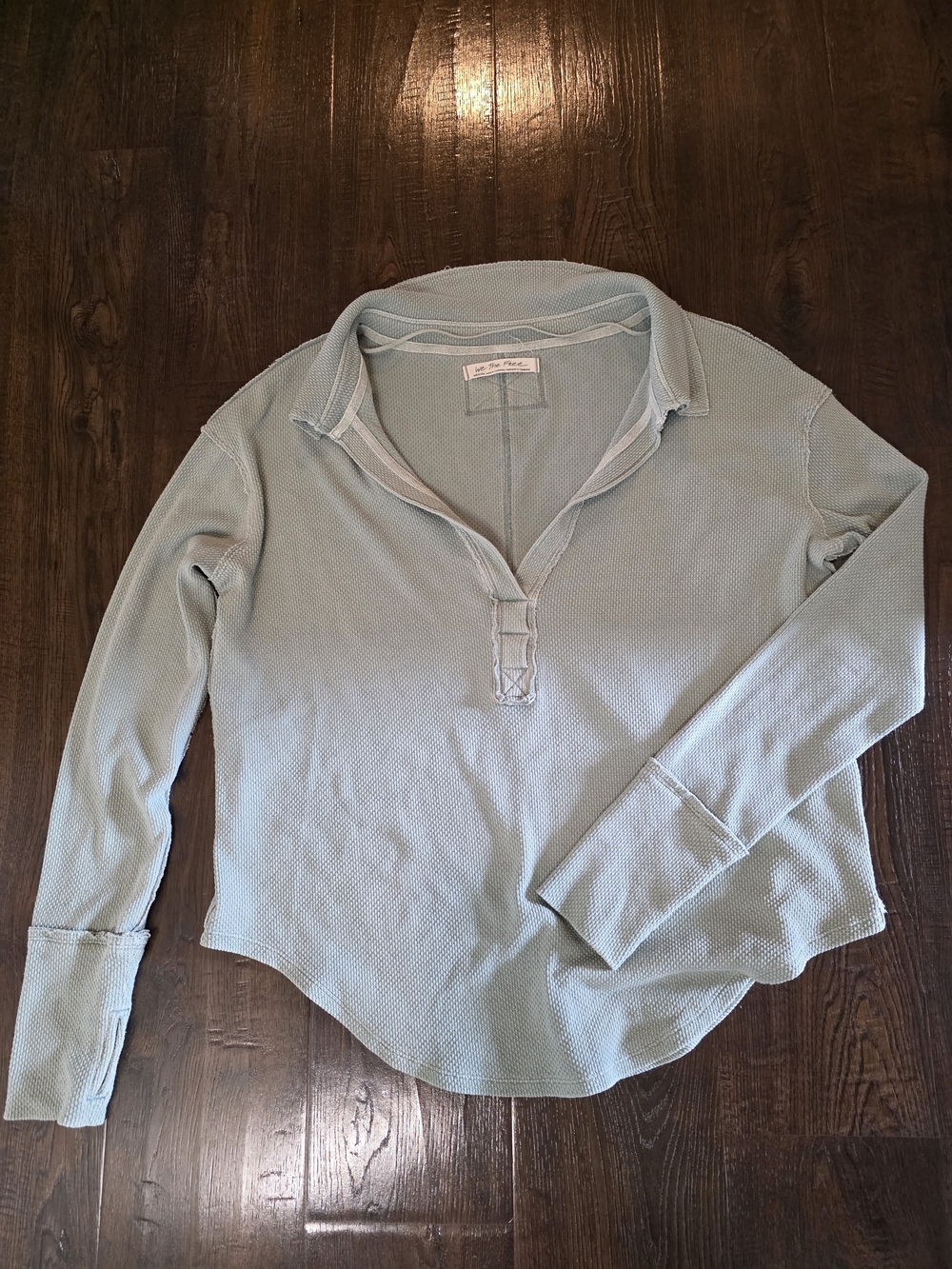 We The Free Relaxed Sage Long-Sleeve, Henley Thermal Oversized Collared Tee
